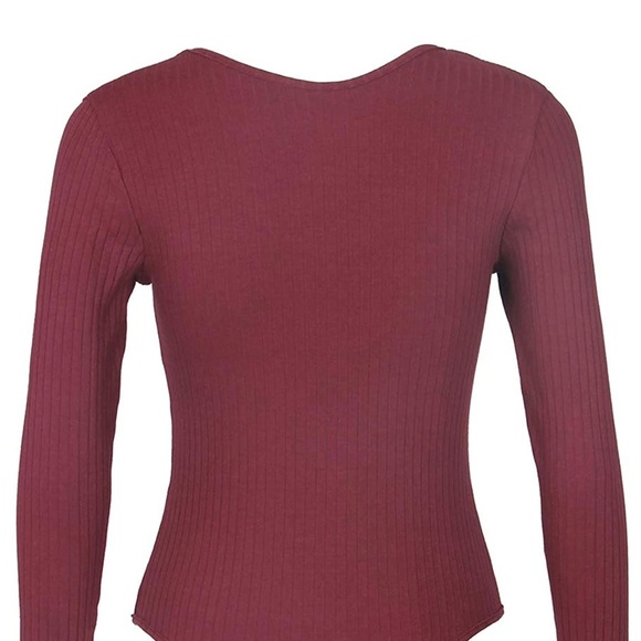 Women's Size Small Deep V Neck Long Sleeve Basic Bodysuit Ribbed Knit Bodycon - Picture 4 of 6